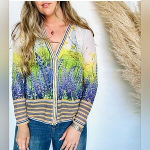 Anthropologie Dream Daily Sheer Back Floral Print Striped Button Cardi Sweater